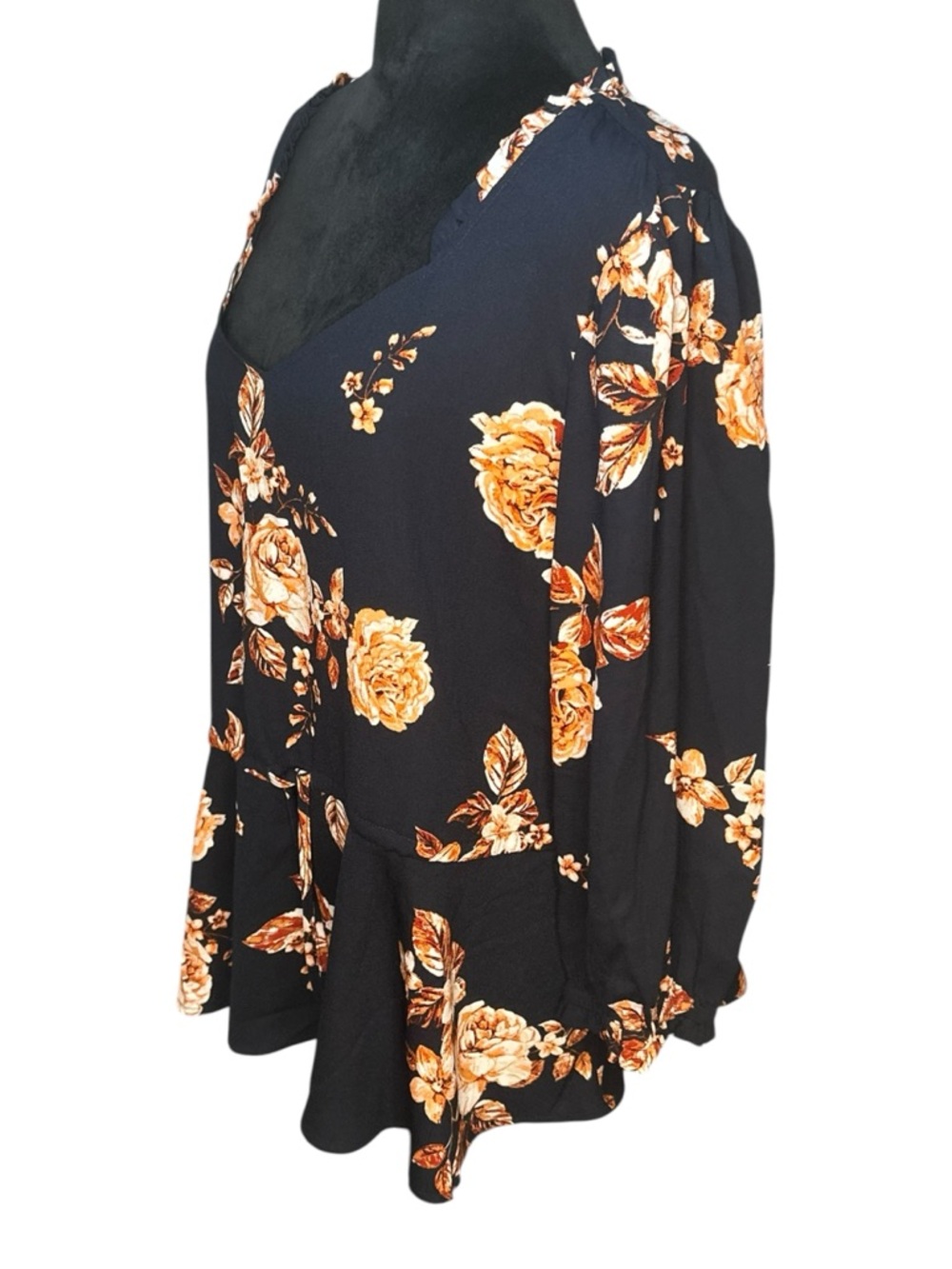Maurices Blue Floral Peasant Top XXL Cinched Waist Ruffle Neck Boho Blouse - Picture 7 of 12